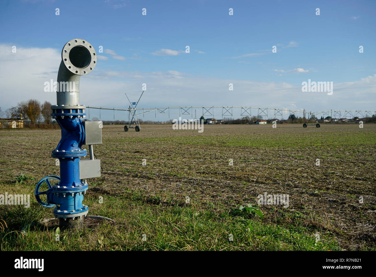 irrigation system of crops in the fields Stock Photo
