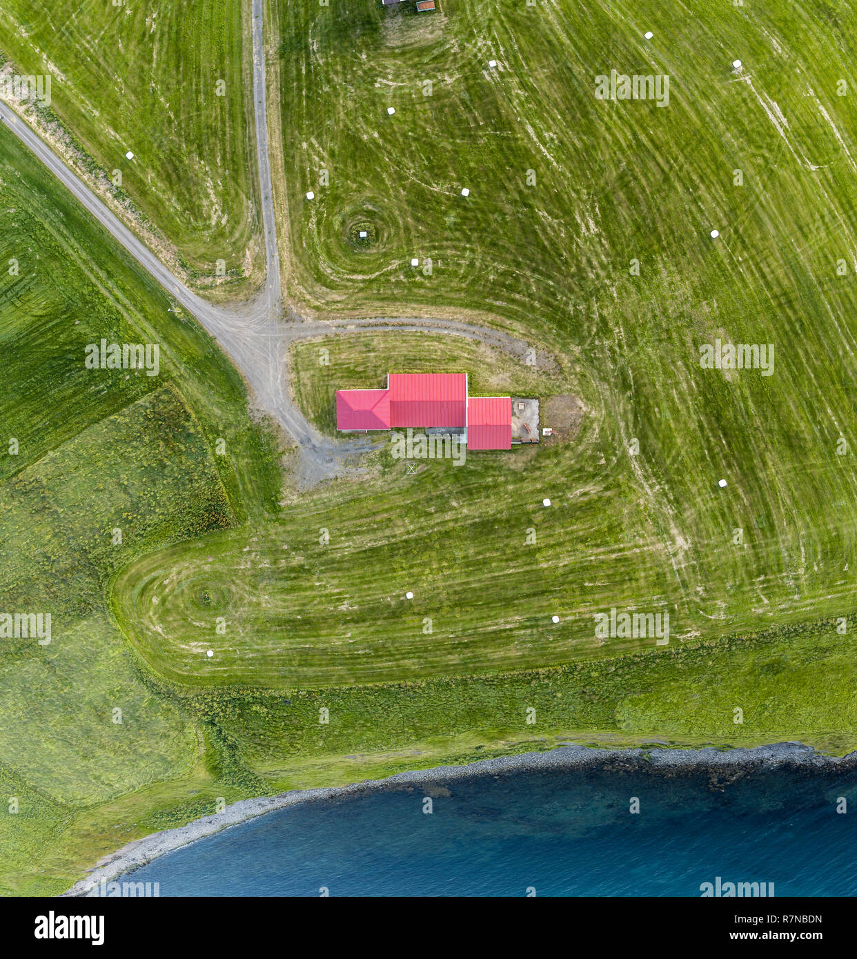 Farmland, Eyjafjordur, Iceland. This image is shot using a drone. Stock Photo