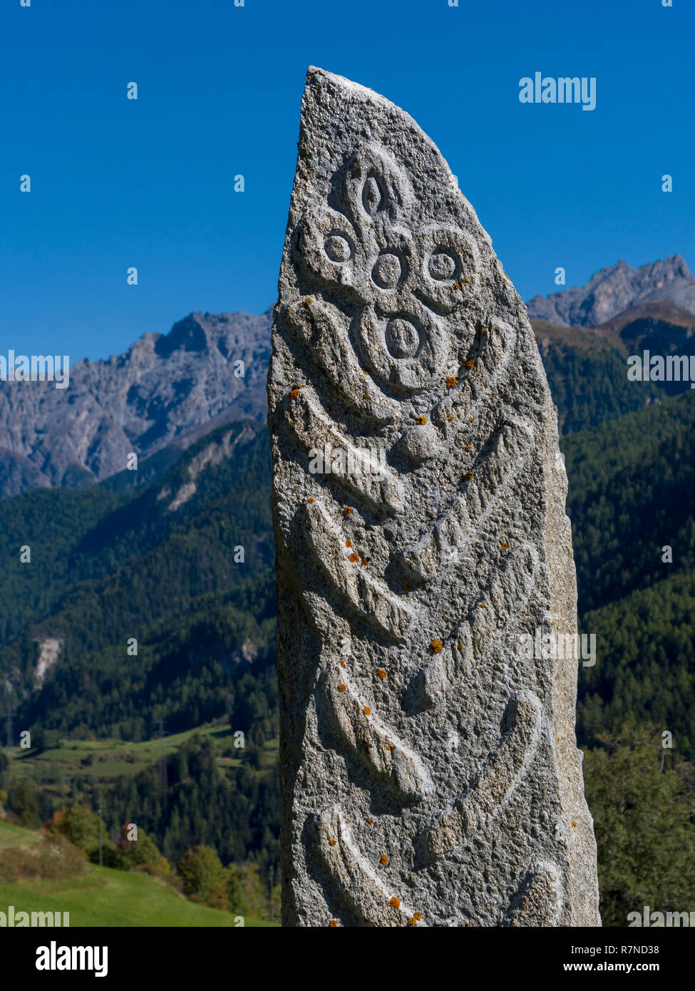 Menhir  near Guarda, Scuol, Engadine, Grisons, Switzerland Stock Photo