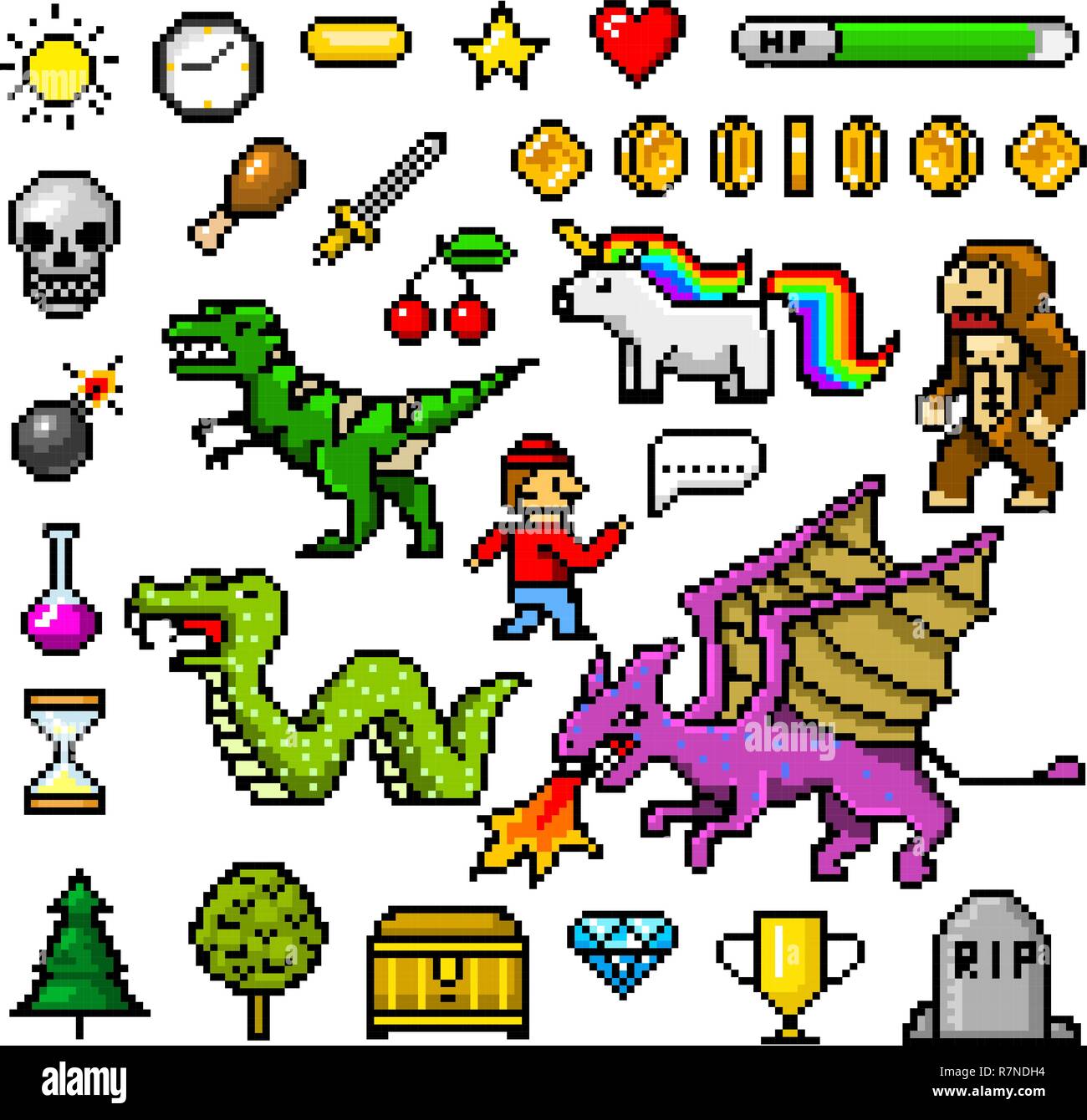 Pixel art 8 bit objects. Retro game assets. Set of icons. vintage computer video arcades. characters dinosaur pony rainbow unicorn snake dragon monkey and coins, Winner's trophy. vector illustration. Stock Vector