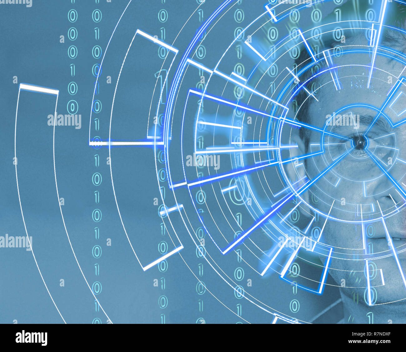 Portrait of handsome man with tech pattern on eye. Digital ID concept, eye recognition, biometric identification Stock Photo
