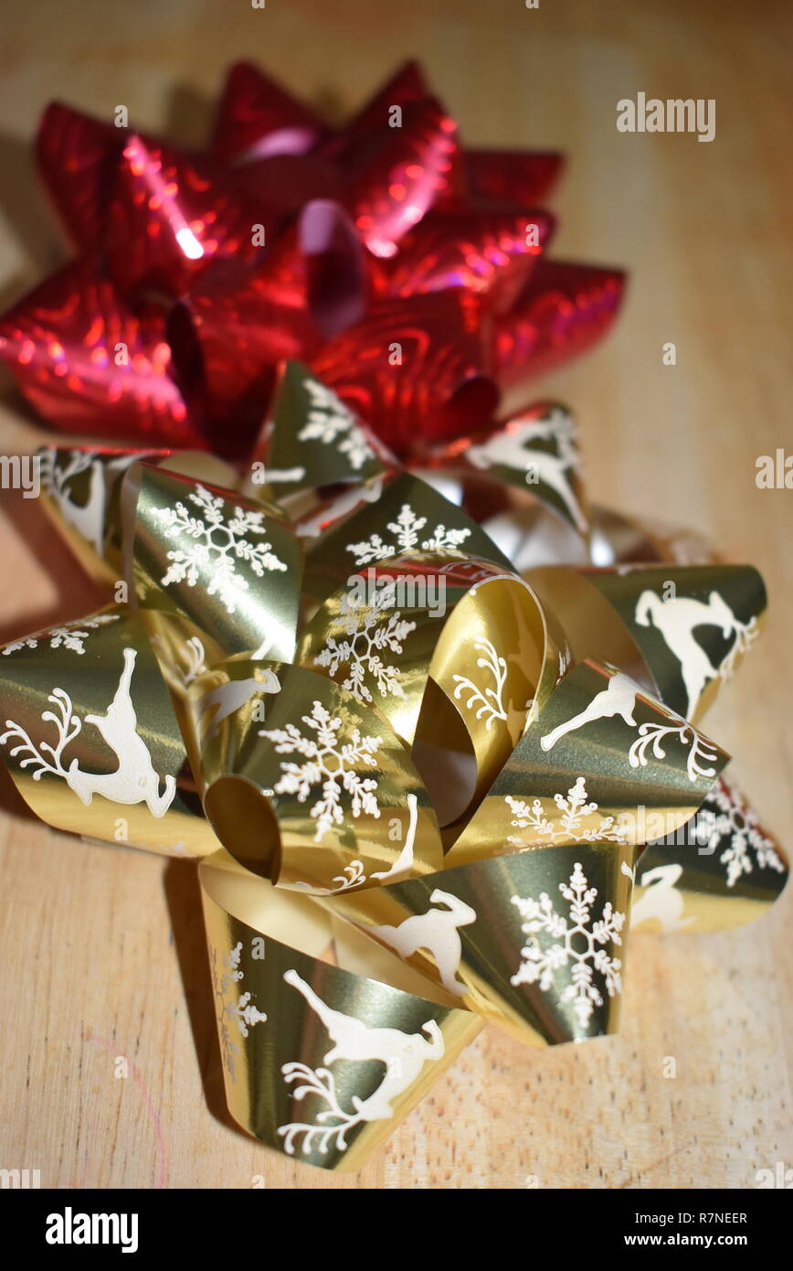 Gold and Red Christmas Bows Stock Photo