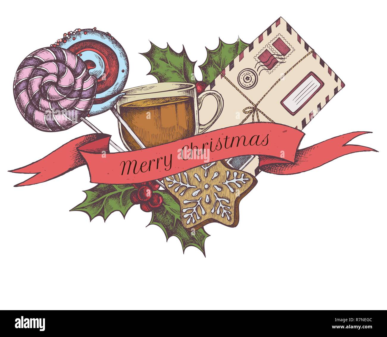 Vector composition with colored letters, lollipop, tea cup, gingerbread, holly Stock Vector
