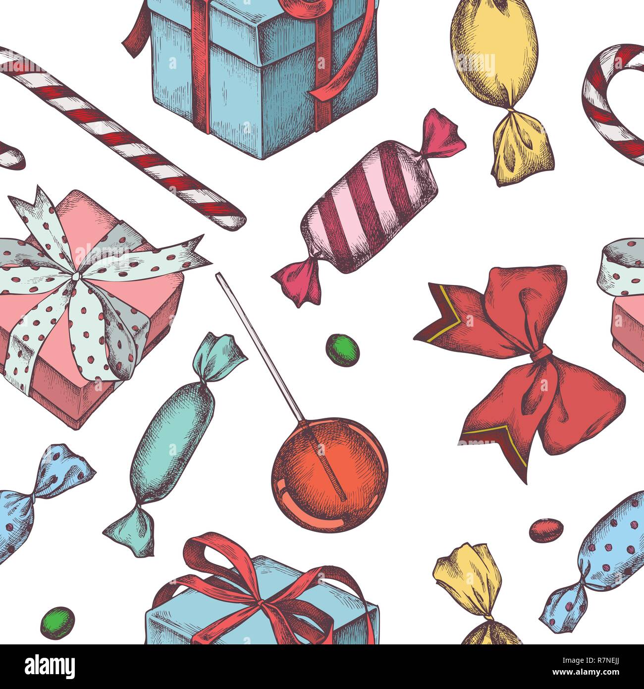 Seamless pattern with colored lollipop, bow, candies, gift boxes Stock Vector
