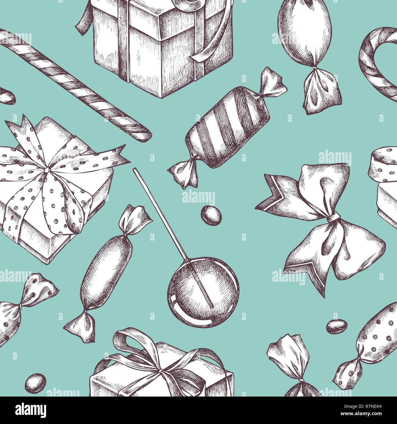 Seamless pattern with colored lollipop, bow, candies, gift boxes Stock Vector