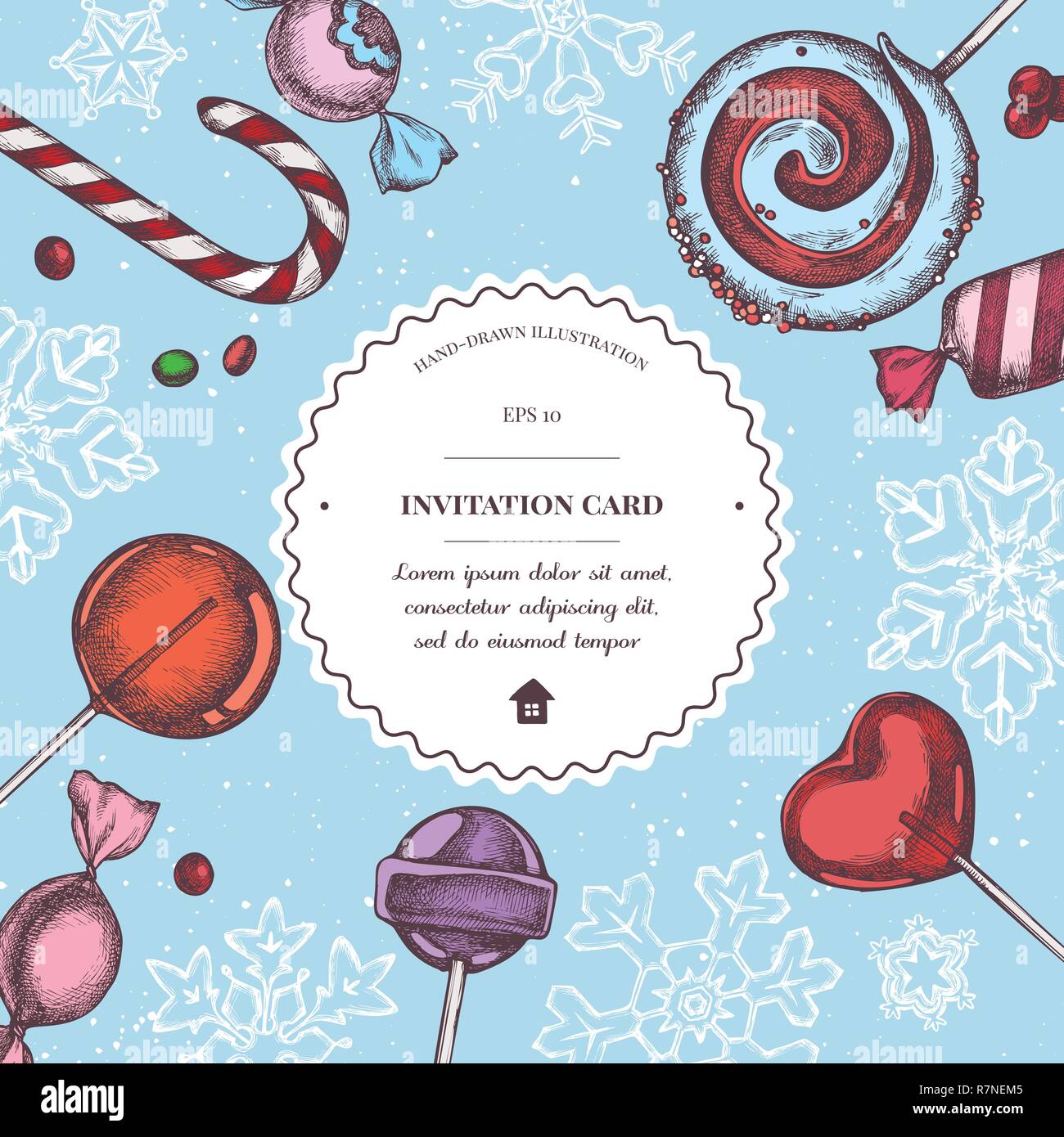 Vector composition with colored lollipop, candies, snowflakes Stock Vector