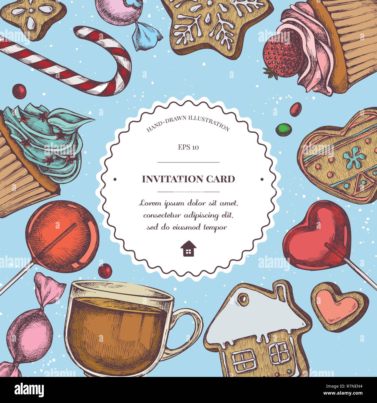 Vector composition with colored lollipop, candies, gingerbread, tea cup, cupcakes Stock Vector