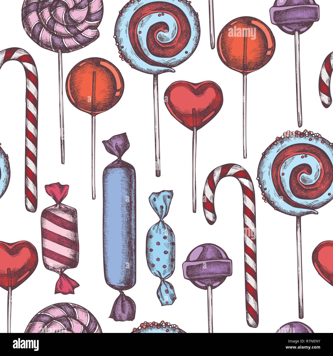 Seamless pattern with colored lollipop, candies hand drawn illustration ...