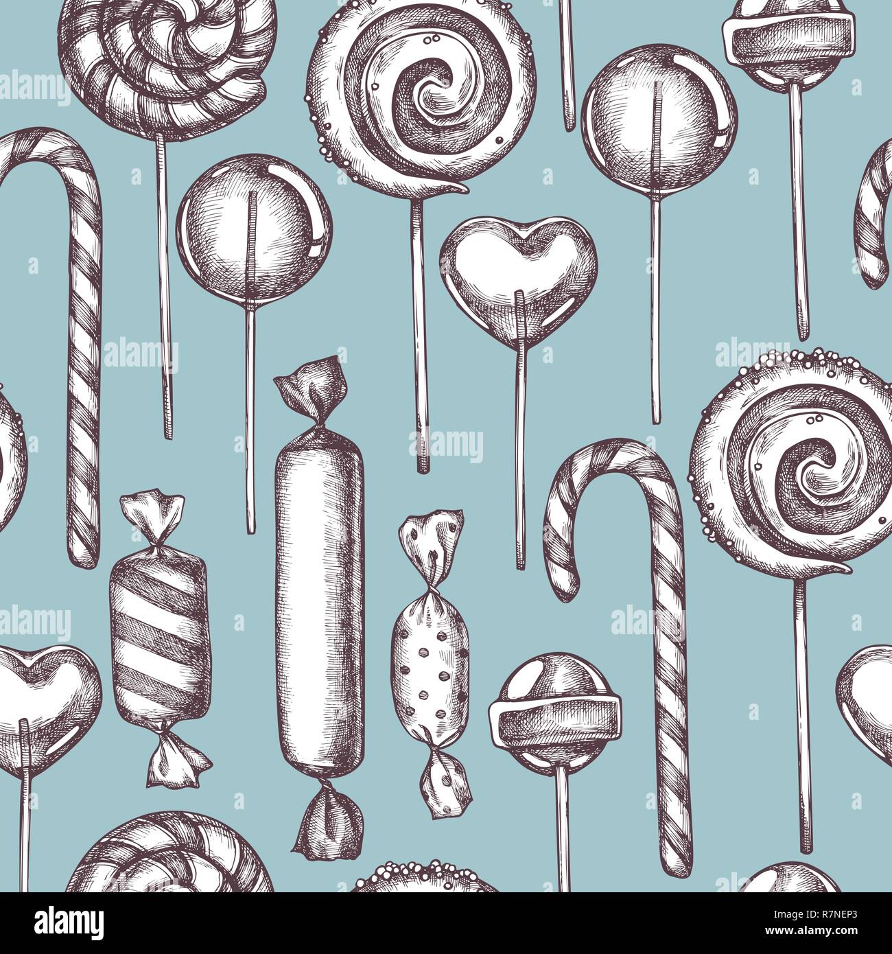 Seamless pattern with colored lollipop, candies hand drawn illustration ...