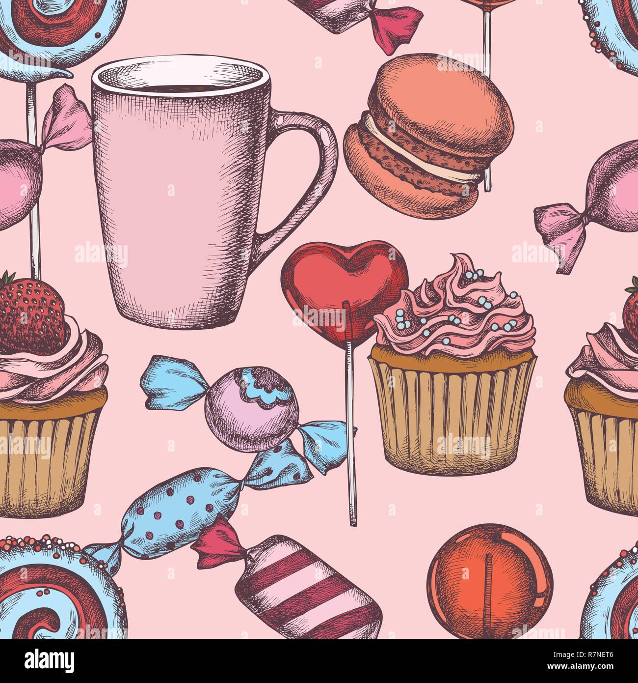 Seamless pattern with colored lollipop, macaron, candies, cupcakes, tea cup Stock Vector