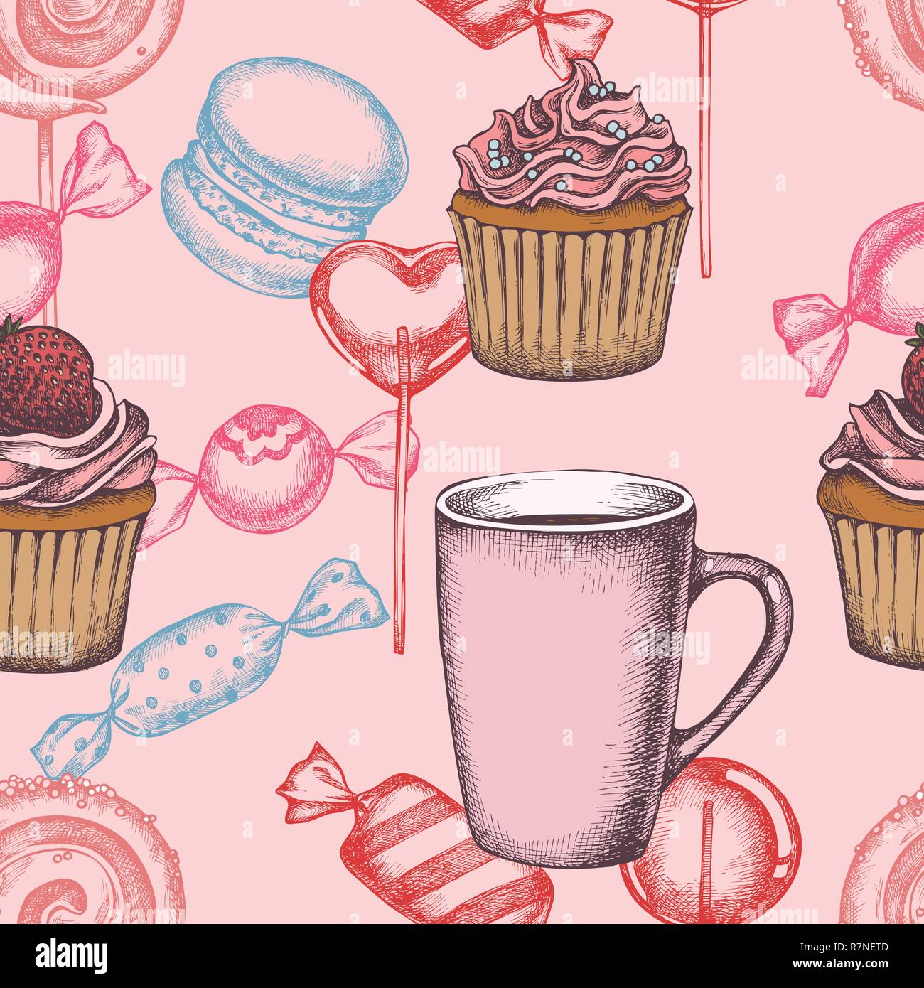 Seamless pattern with colored lollipop, macaron, candies, cupcakes, tea cup Stock Vector
