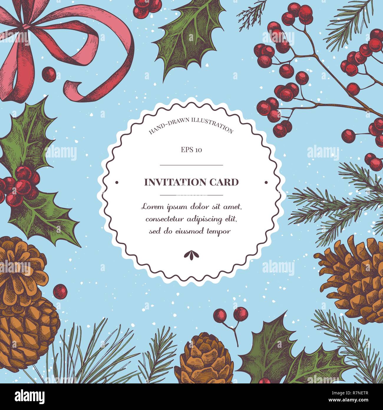 Vector composition with colored bow, cones, rowan, holly, pine branch, spruce Stock Vector