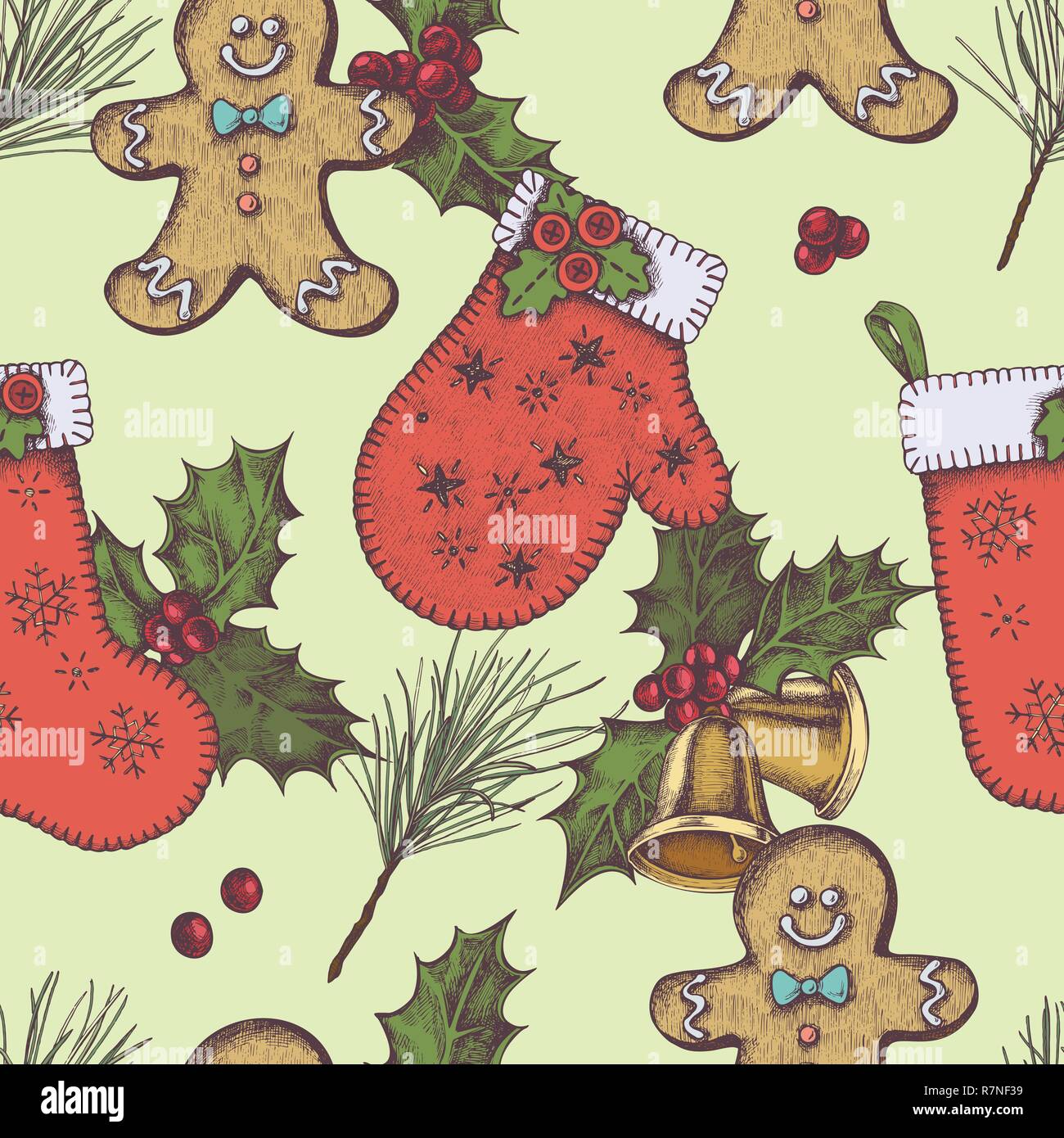 Seamless pattern with colored bells, gingerbread men, mitten, stocking, holly, pine branch Stock Vector