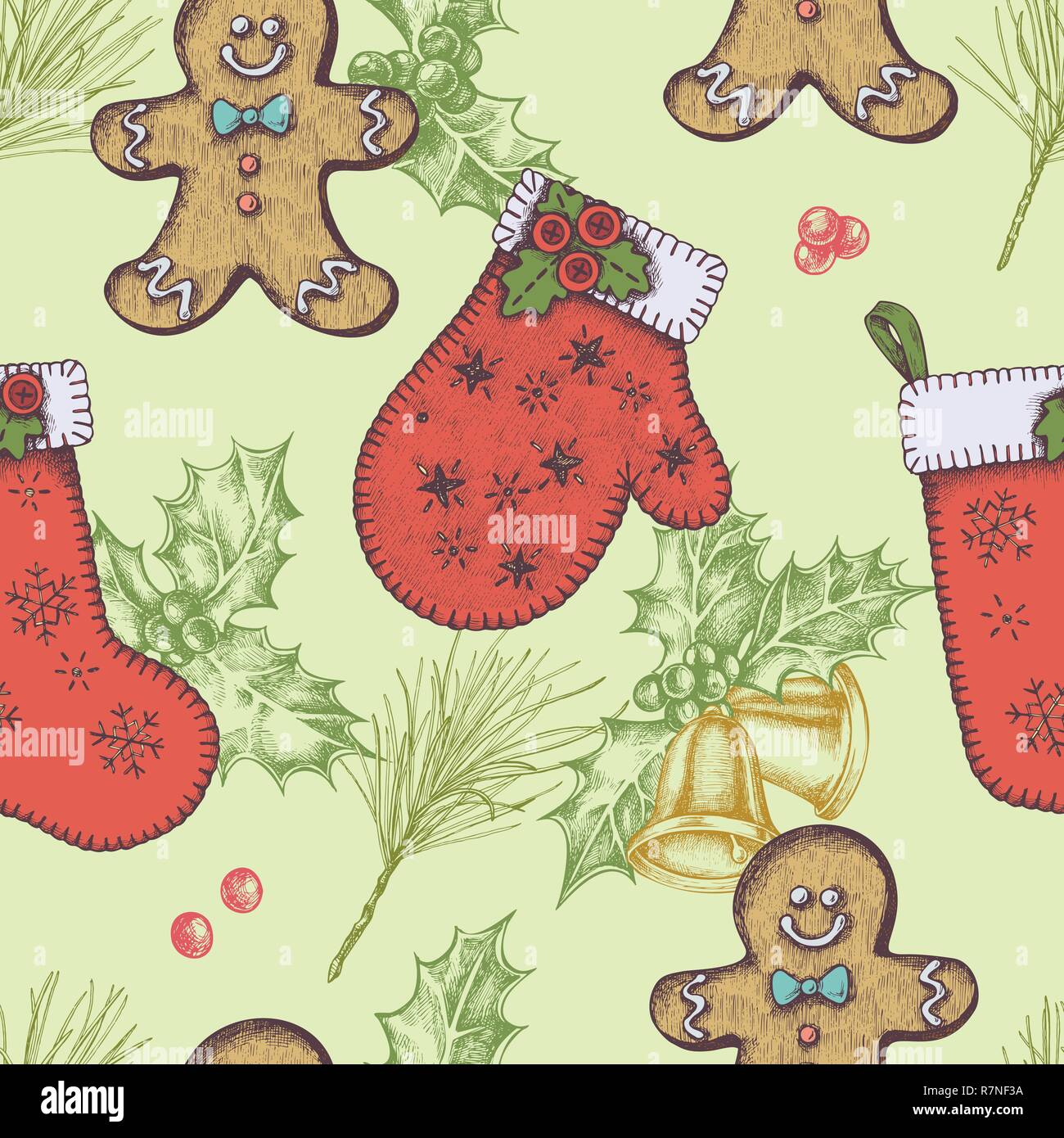 Seamless pattern with colored bells, gingerbread men, mitten, stocking, holly, pine branch Stock Vector