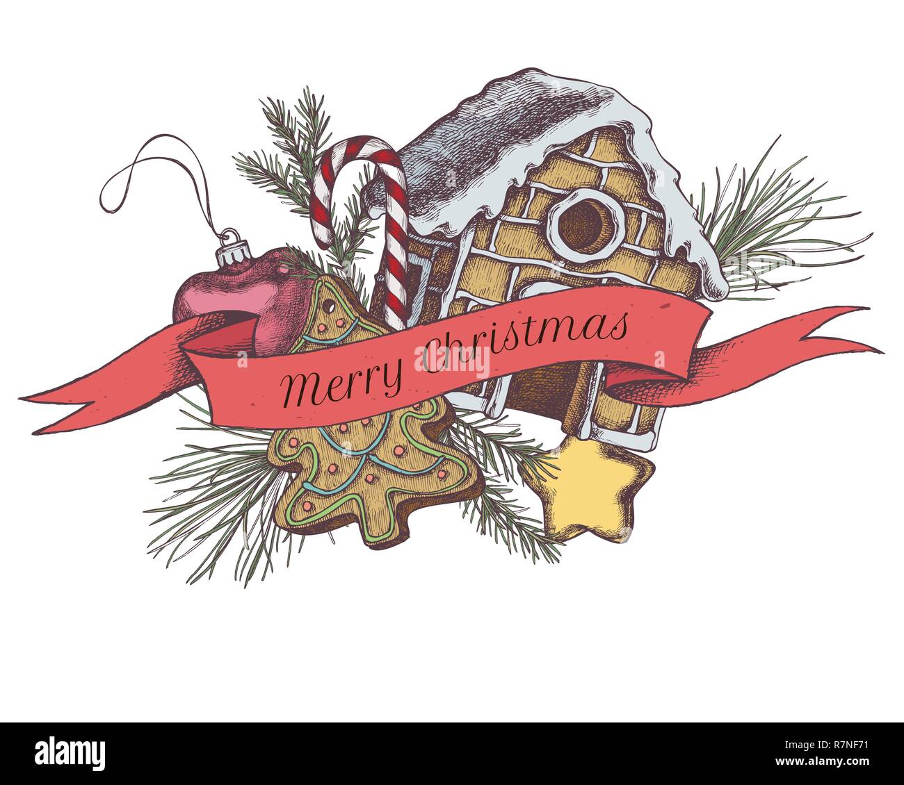 Vector composition with colored decorations, lollipop, gingerbread, gingerbread house, pine branch, spruce Stock Vector