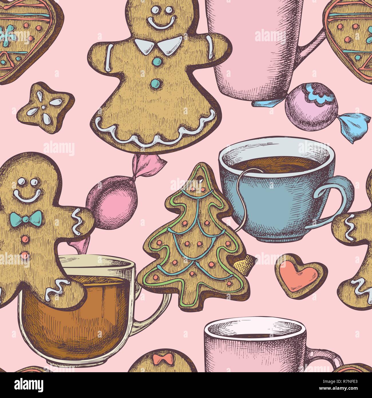 Seamless pattern with colored gingerbread men, gingerbread, candies, tea cup Stock Vector