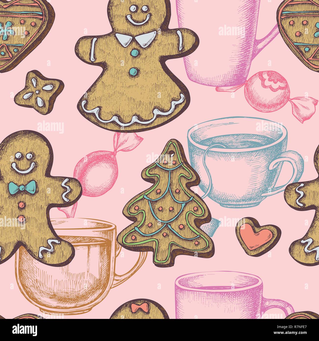 Seamless pattern with colored gingerbread men, gingerbread, candies, tea cup Stock Vector