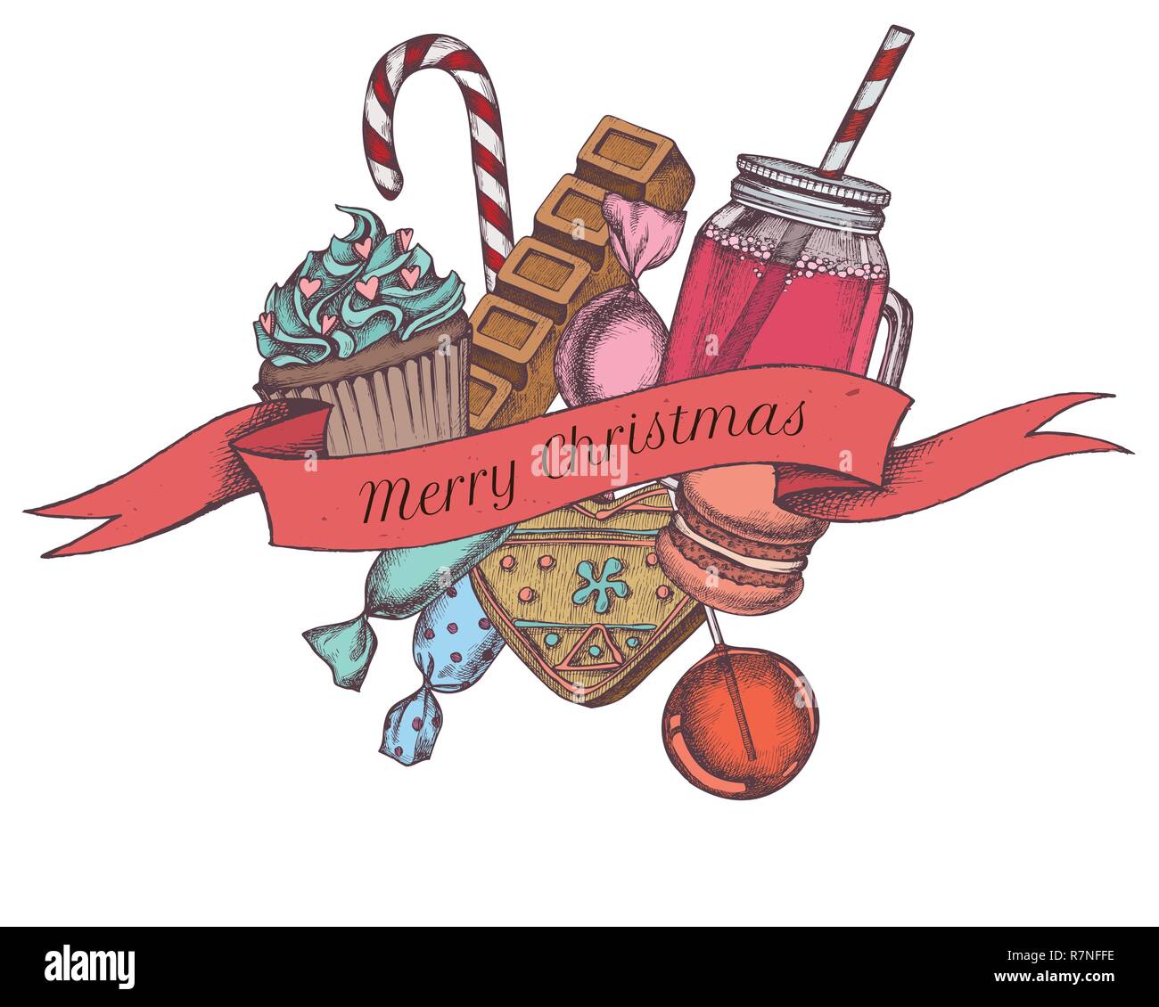 Vector composition with colored gingerbread, lollipop, candies, bar, cupcakes, macaron, jars Stock Vector