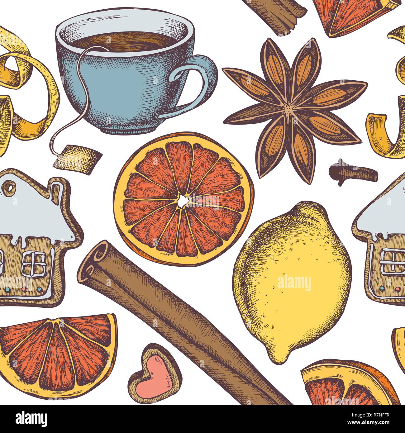 Seamless pattern with colored gingerbread, cinnamon, lemons, oranges, tea cup Stock Vector