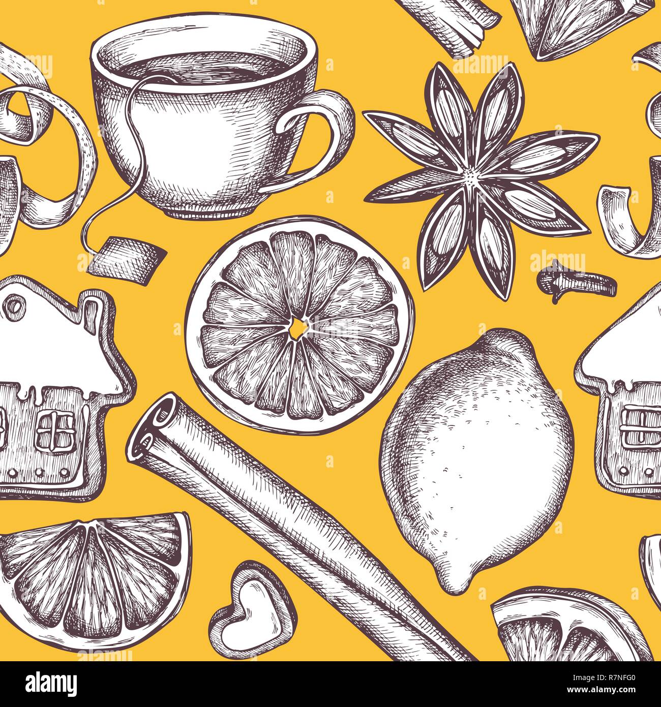 Seamless pattern with colored gingerbread, cinnamon, lemons, oranges, tea cup Stock Vector