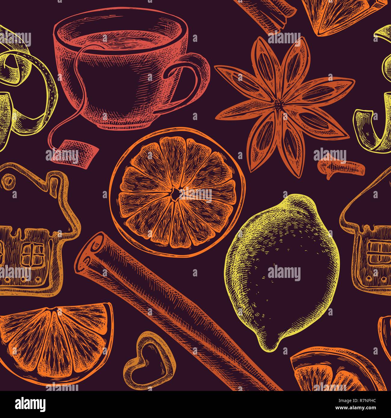 Seamless pattern with colored gingerbread, cinnamon, lemons, oranges, tea cup Stock Vector