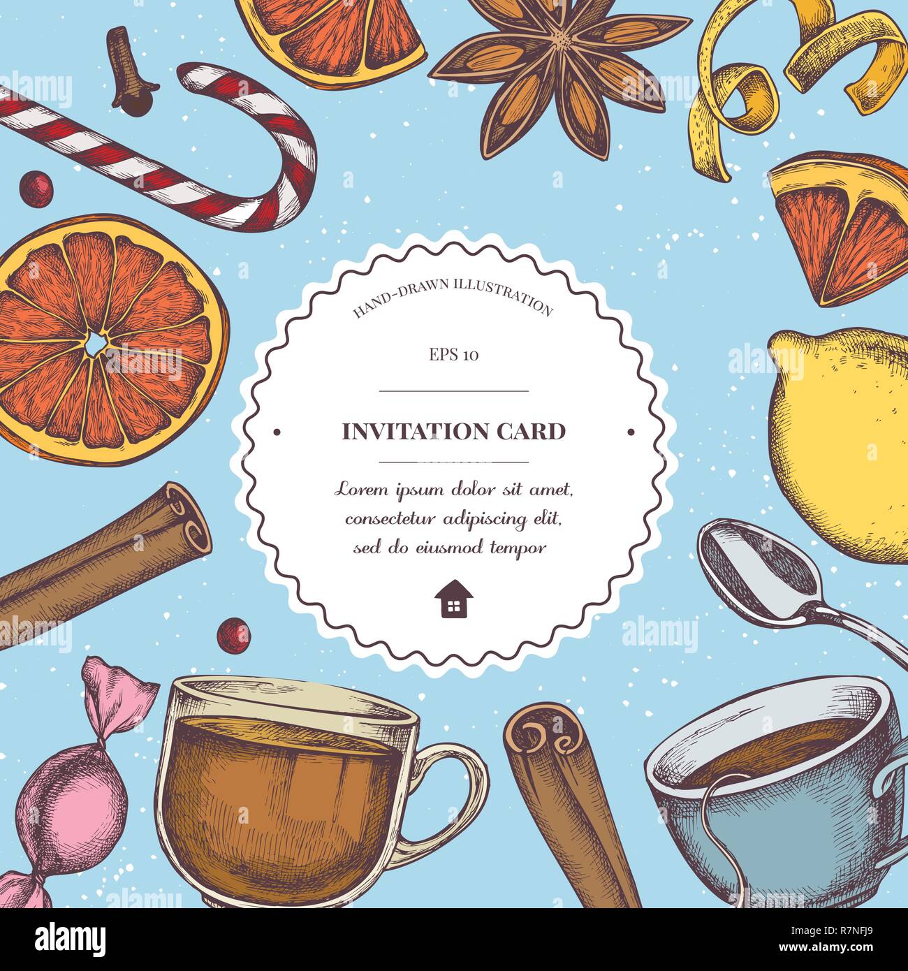 Vector composition with colored cinnamon, lollipop, candies, lemons, oranges, teaspoon, tea cup Stock Vector
