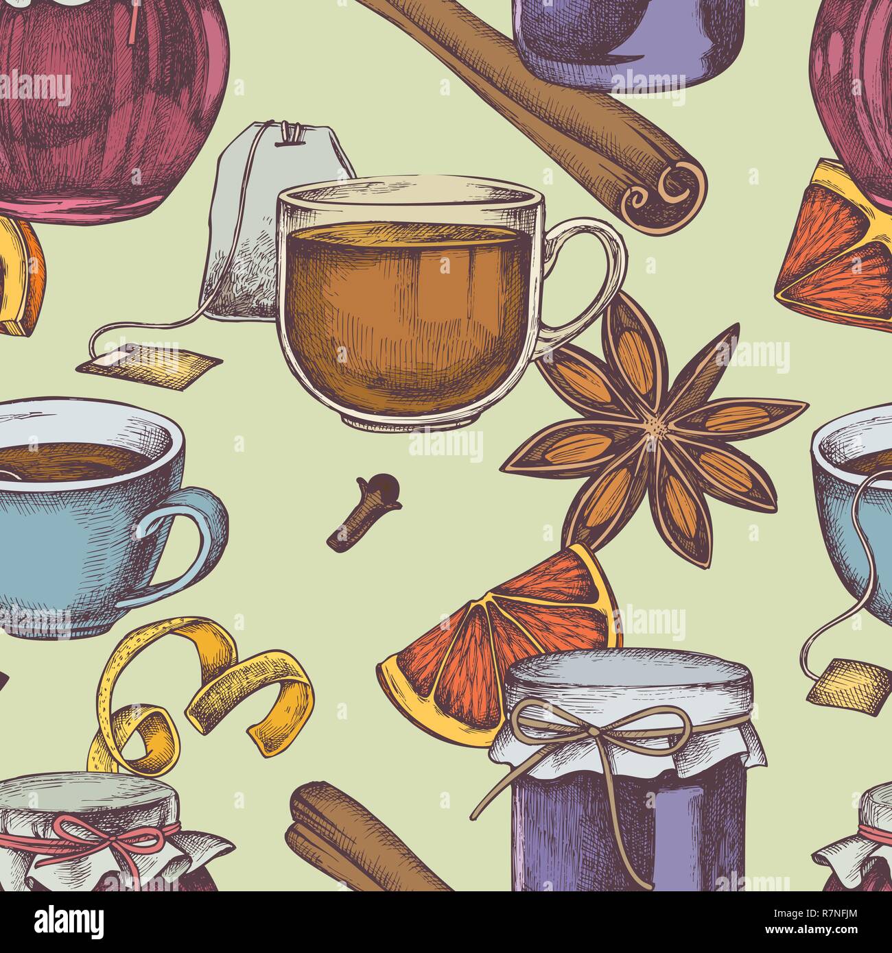 Seamless pattern with colored cinnamon, lemons, oranges, tea bag, jars, tea cup Stock Vector