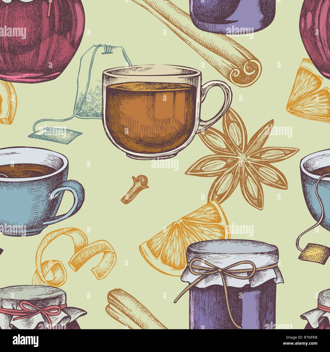 Seamless pattern with colored cinnamon, lemons, oranges, tea bag, jars, tea cup Stock Vector
