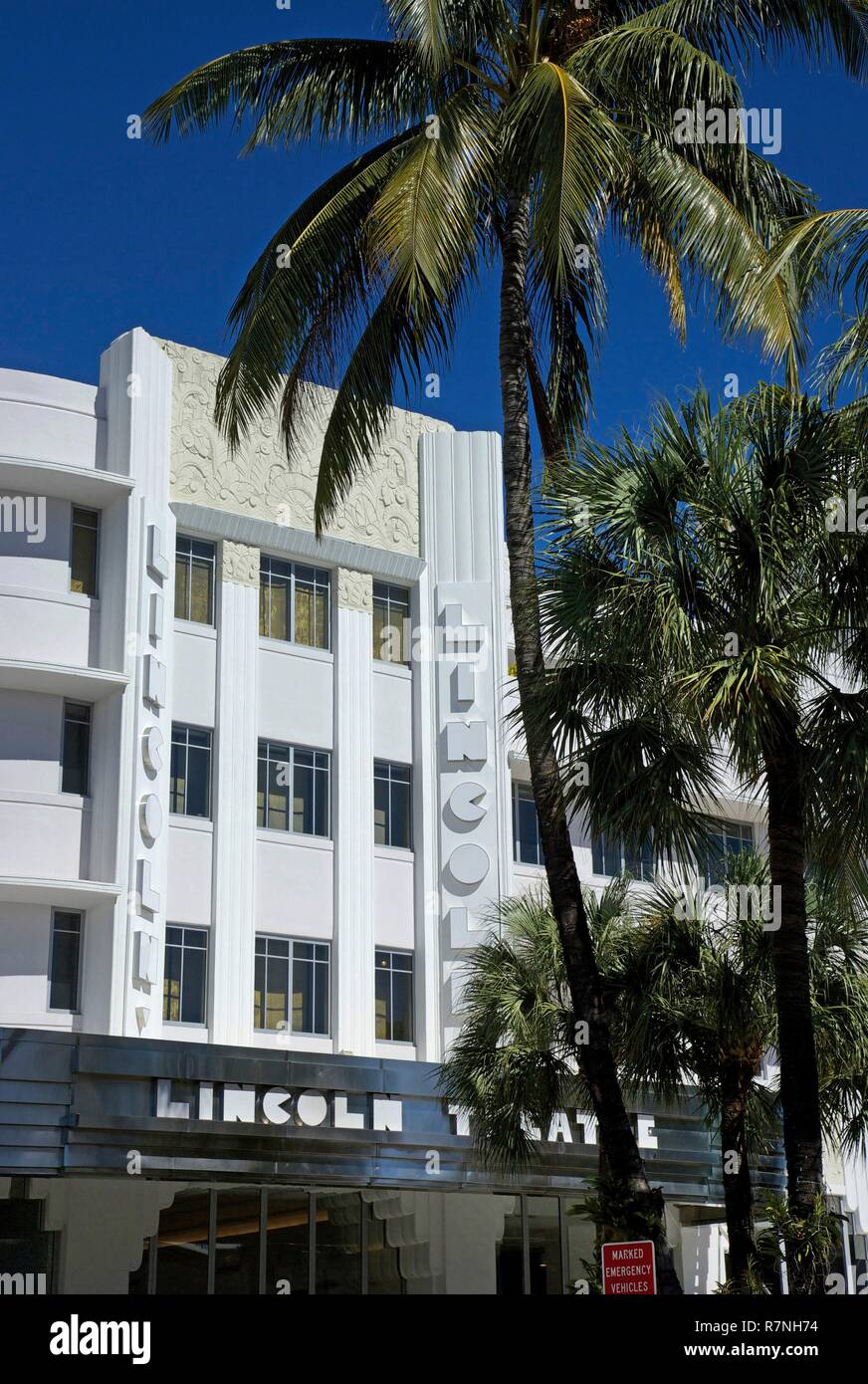 United States, Florida, Miami, Facade Art Deco of the old Lincoln theatre, on Lincoln road, in the district of South Beach, in Miami Beach Stock Photo