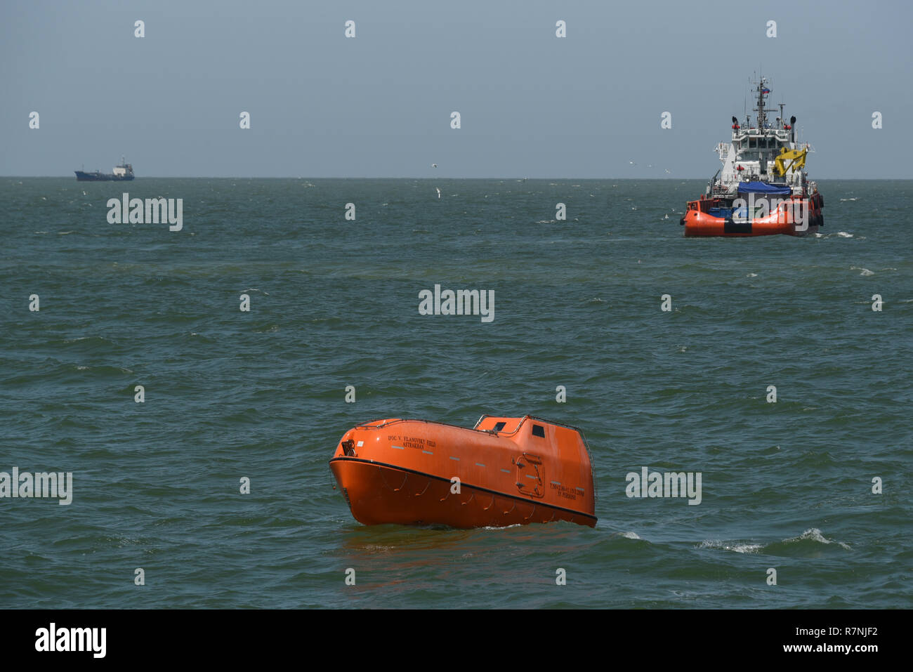 Fire fighting training exercises on the oil rig Lukoil Filanovsky at