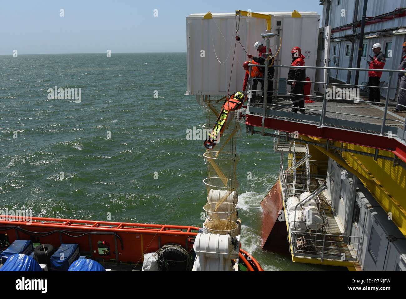 Fire fighting training exercises on the oil rig Lukoil Filanovsky at ...