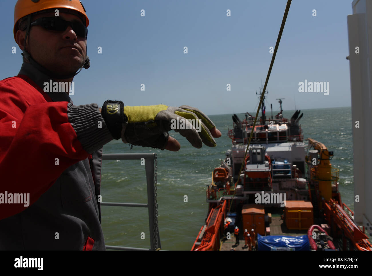 Fire fighting training exercises on the oil rig Lukoil Filanovsky at