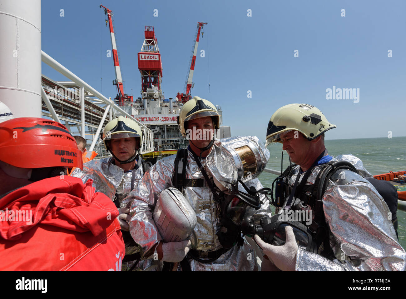 Fire fighting training exercises on the oil rig Lukoil Filanovsky at