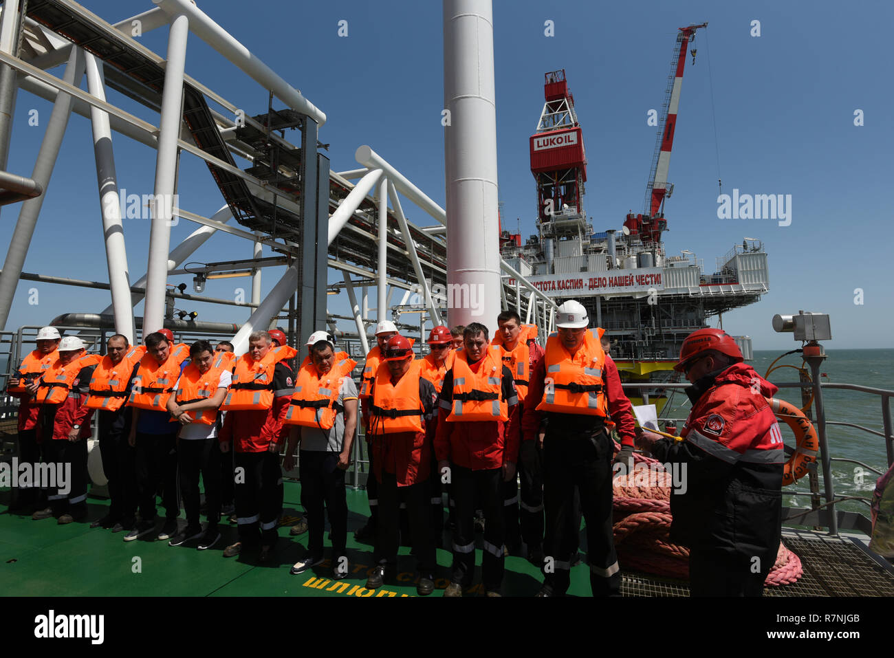 Fire fighting training exercises on the oil rig Lukoil Filanovsky at