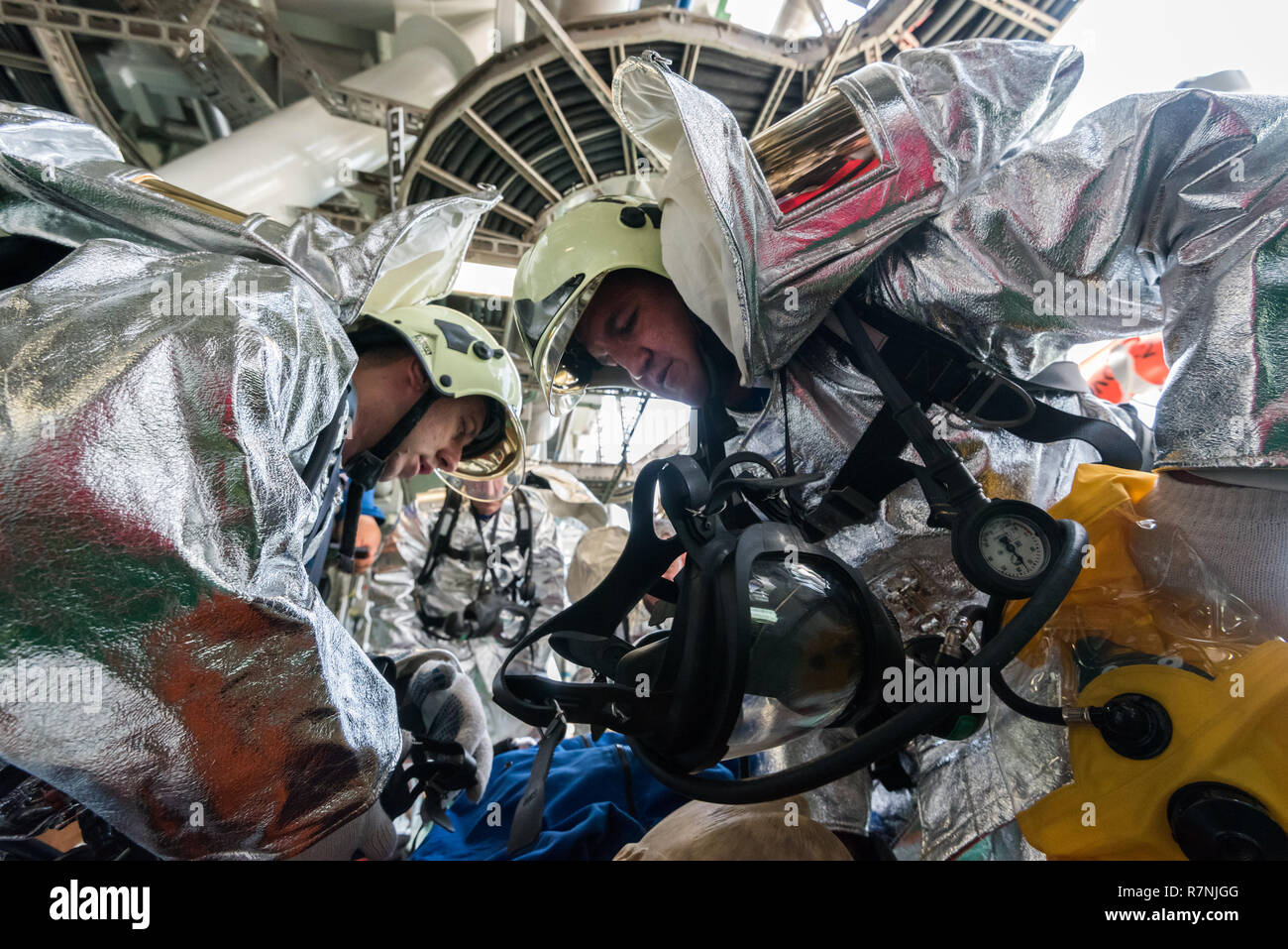 Fire fighting training exercises on the oil rig Lukoil Filanovsky at