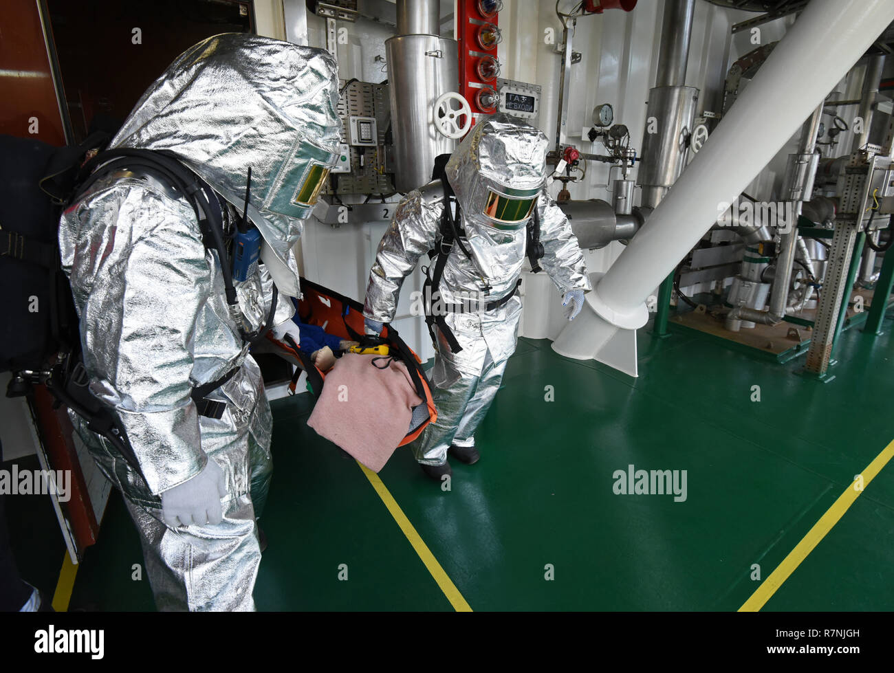 Fire fighting training exercises on the oil rig Lukoil Filanovsky at