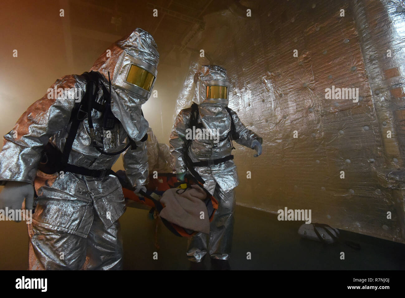 Fire fighting training exercises on the oil rig Lukoil Filanovsky at