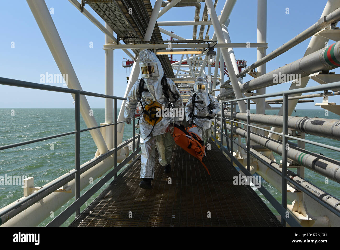 Fire fighting training exercises on the oil rig Lukoil Filanovsky at