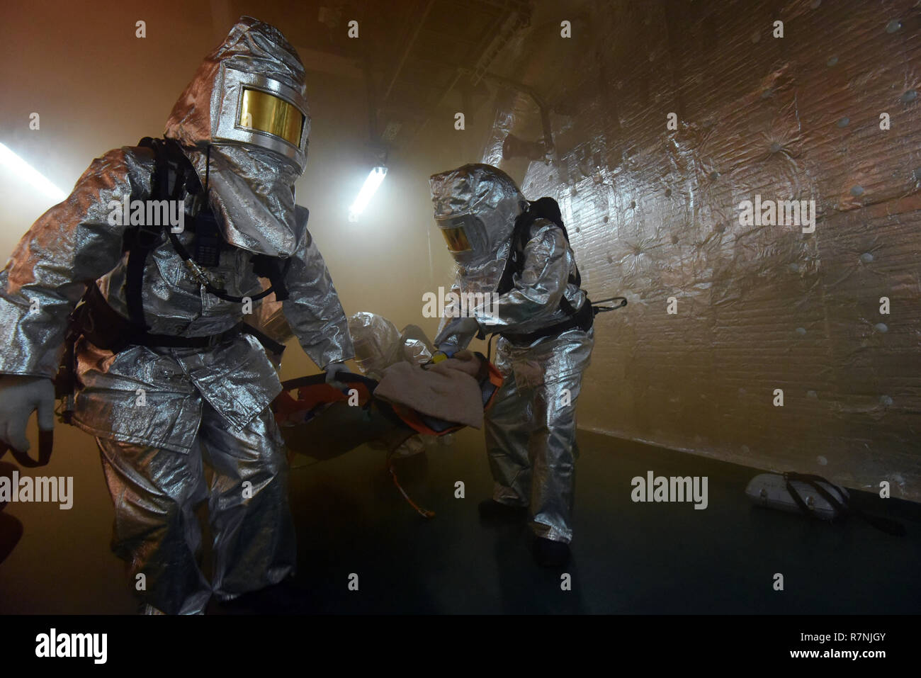 Fire fighting training exercises on the oil rig Lukoil Filanovsky at