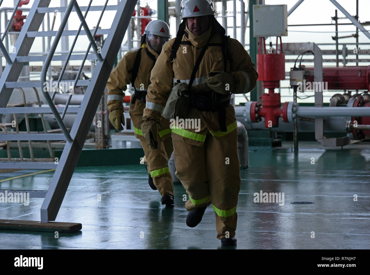 Fire fighting training exercises on the oil rig Lukoil Filanovsky at