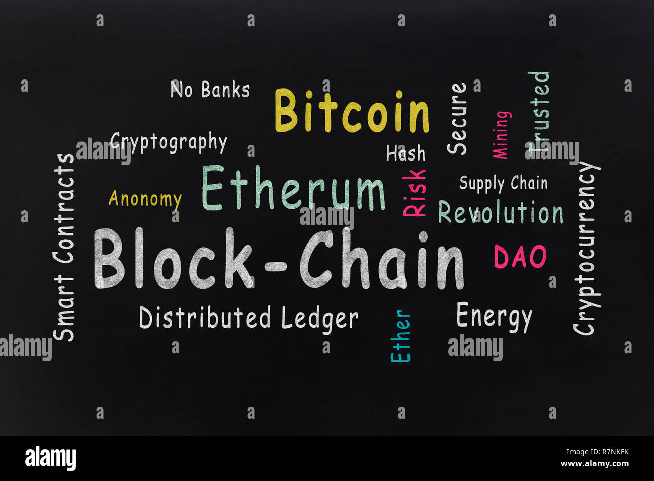 Cryptocurrency technology. BLOCKCHAIN word cloud against the blackboard. Stock Photo