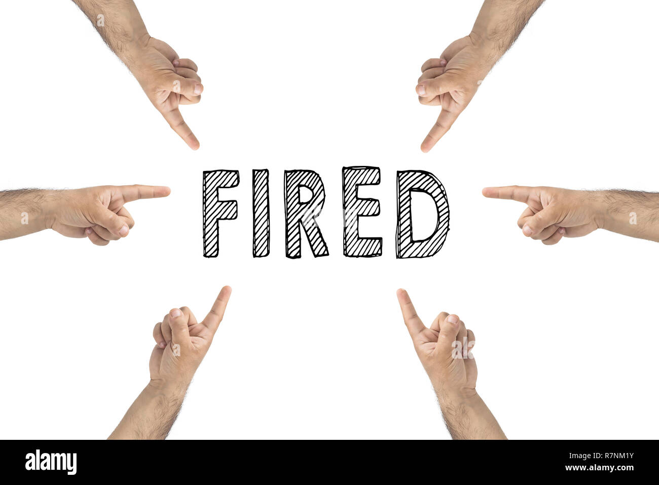 HR concept. Hands pointing Fired inscription on white background. Stock Photo