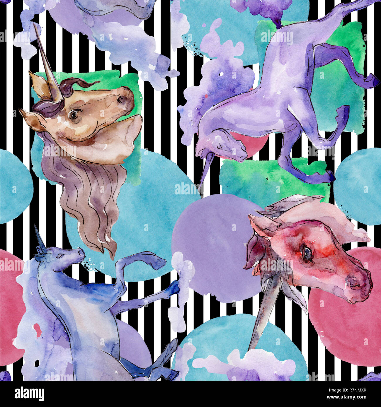 Cute unicorn watercolor illustration. Watercolour isolated seamless ...
