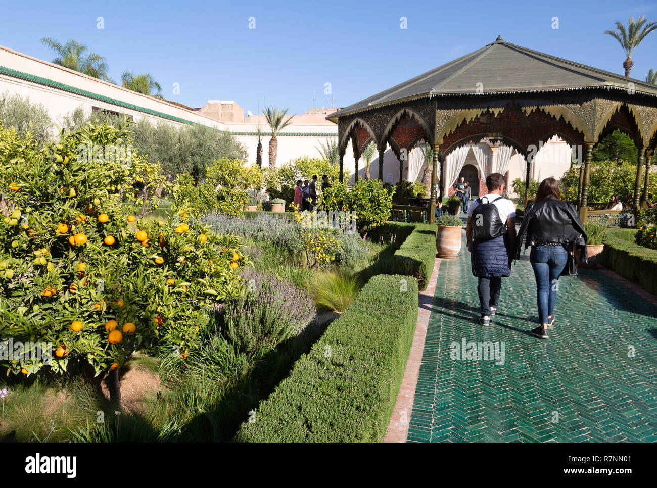 Tourists in the Secret Garden Marrakech, aka Le Jardin Secret, garden museum, Marrakesh medina, Marrakech Morocco North Africa Stock Photo