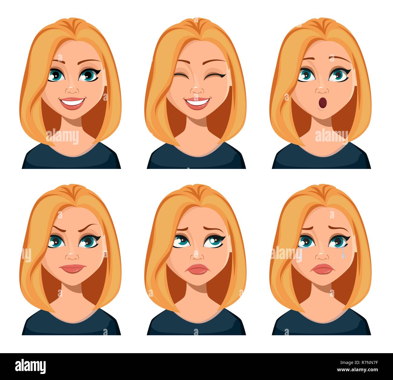 Face Expressions Of Woman With Blond Hair Different Female Emotions Set Beautiful Cartoon 