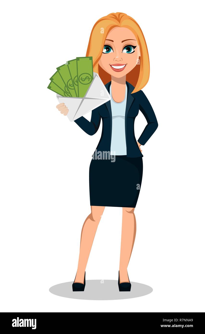 Business woman in office style clothes. Modern lady businesswoman holding  envelope with money. Cheerful cartoon character. Vector illustration on  whit Stock Vector Image & Art - Alamy