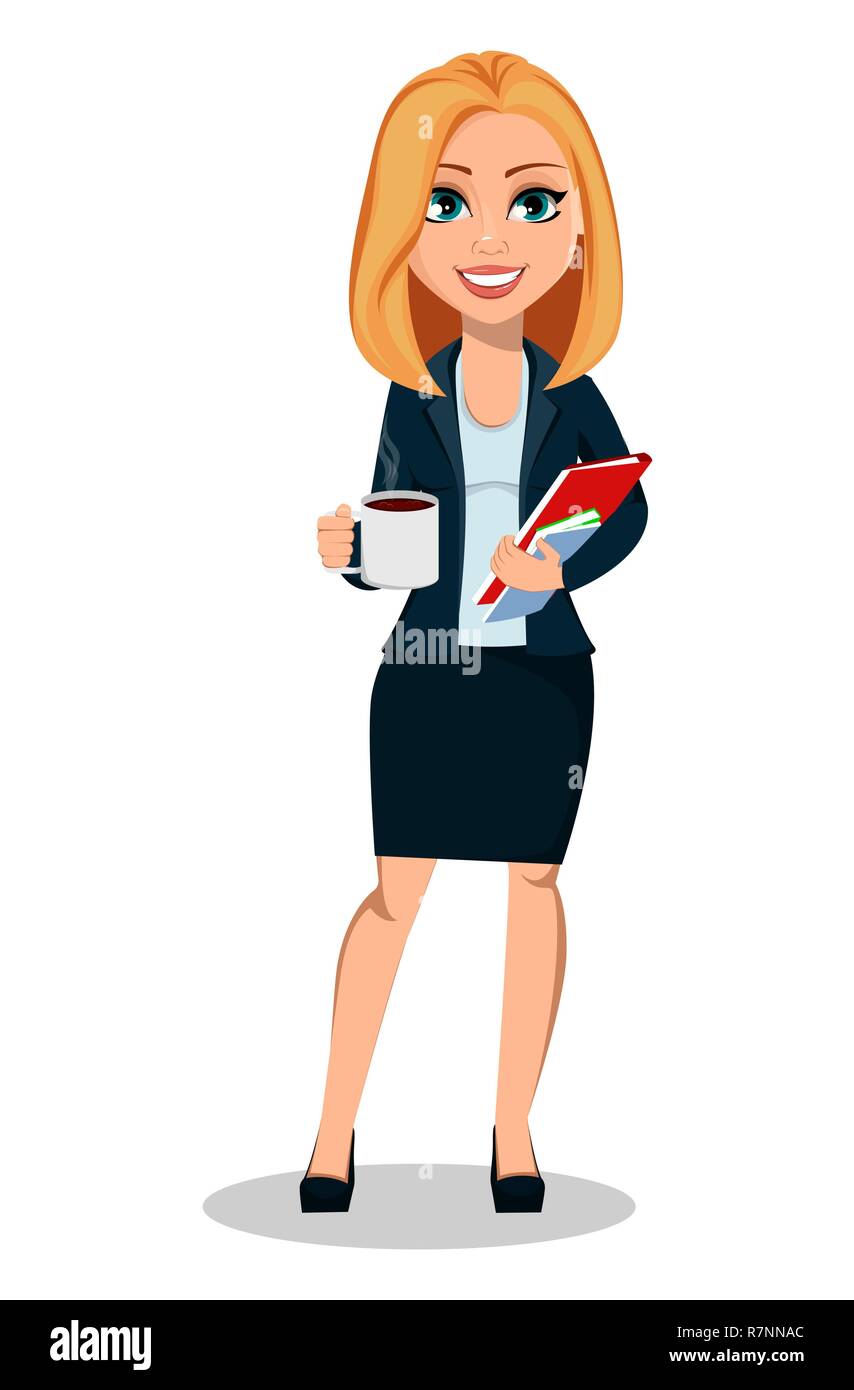 Business woman in office style clothes. Modern lady businesswoman holding a  cup of coffee and documents. Cheerful cartoon character. Vector illustrati  Stock Vector Image & Art - Alamy