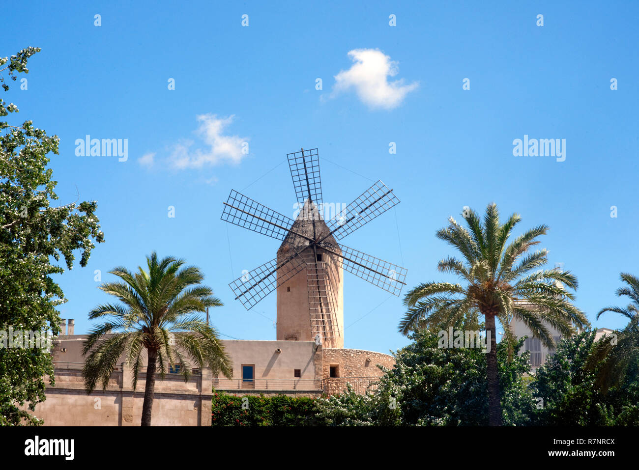 Windmills dominate the high terrain of El Jonquet above the marina area in Palma de Mallorca, Balearic Islands, Spain. Stock Photo
