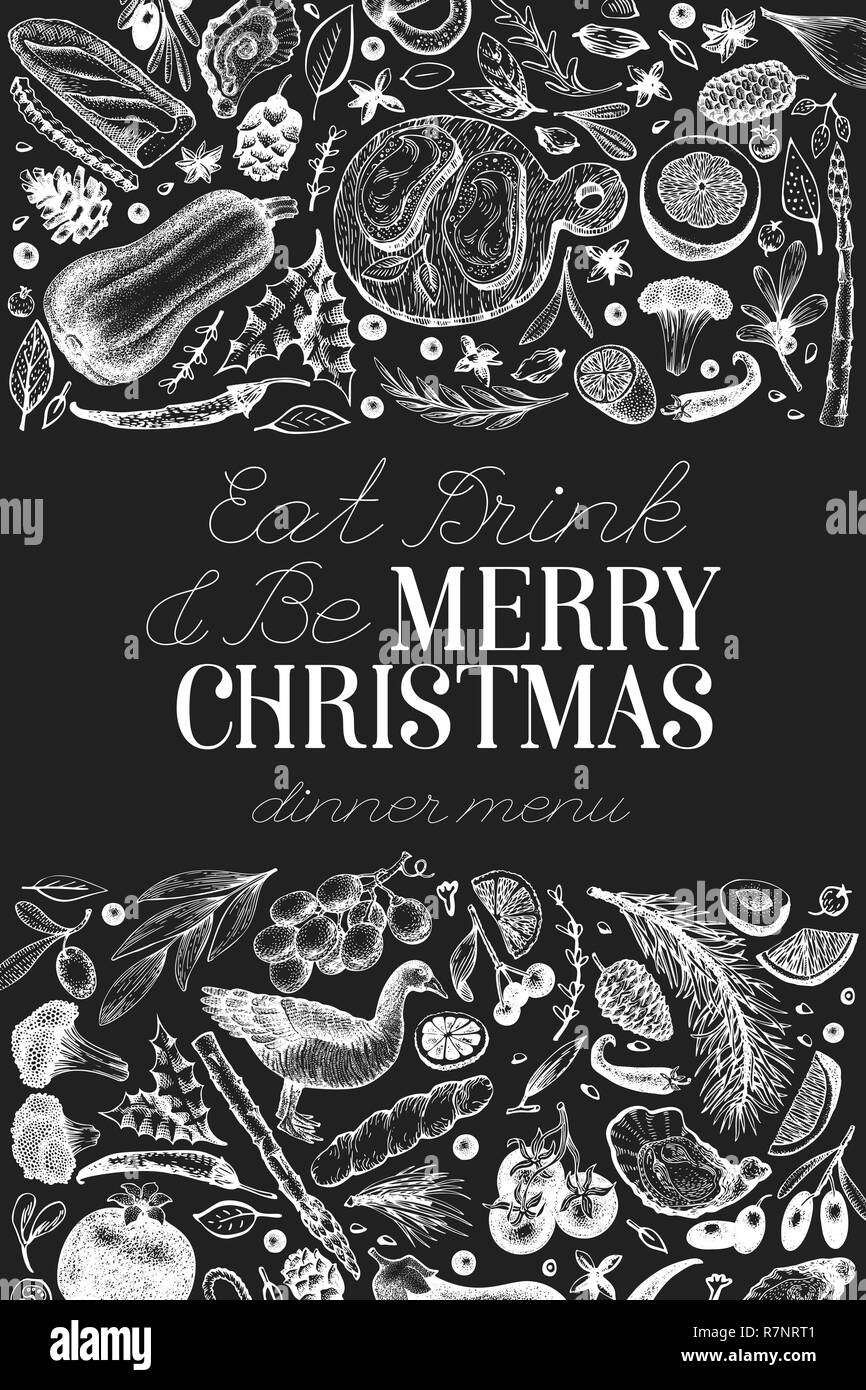 Happy Christmas Dinner design template. Vector hand drawn illustrations on chalk board. Greeting Christmas card in retro style. Frame with harvest, vegetables, pastry, bakery, meat Stock Vector