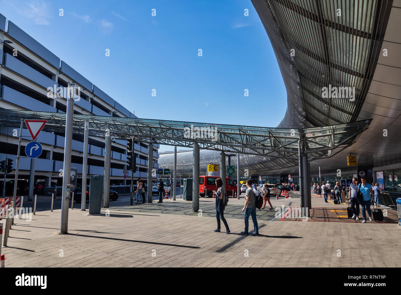 Dusseldorf, Germany - July 3, 2018: exterior view of Dusseldorf International Airport. Dusseldorf Airport located approximately 7 kilometres north of  Stock Photo